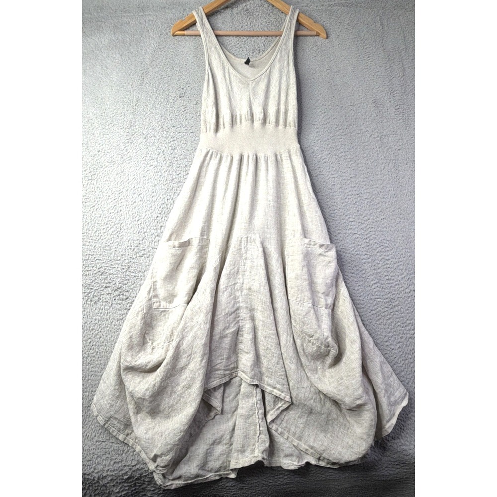 Inizio Dress Womens Small Magic Pocket Beige 95% Linen Sleeveless Dress Italy